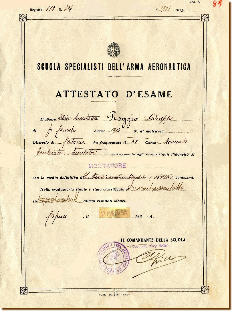 ATTESTATO D'ESAME - Roggio Giuseppe 17 marzo 1936 