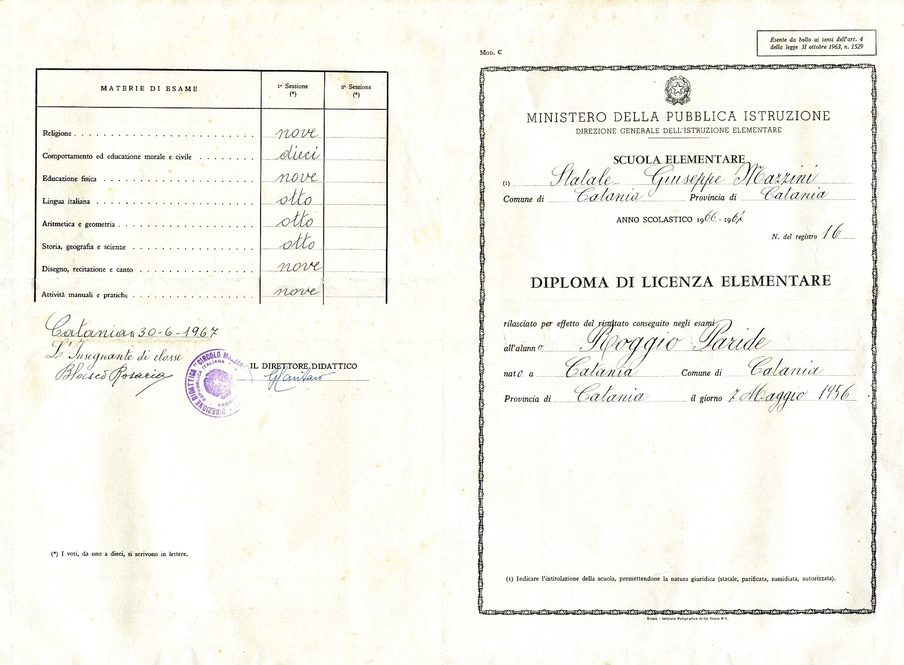 Diploma Licenza Elementare Roggio Paride 