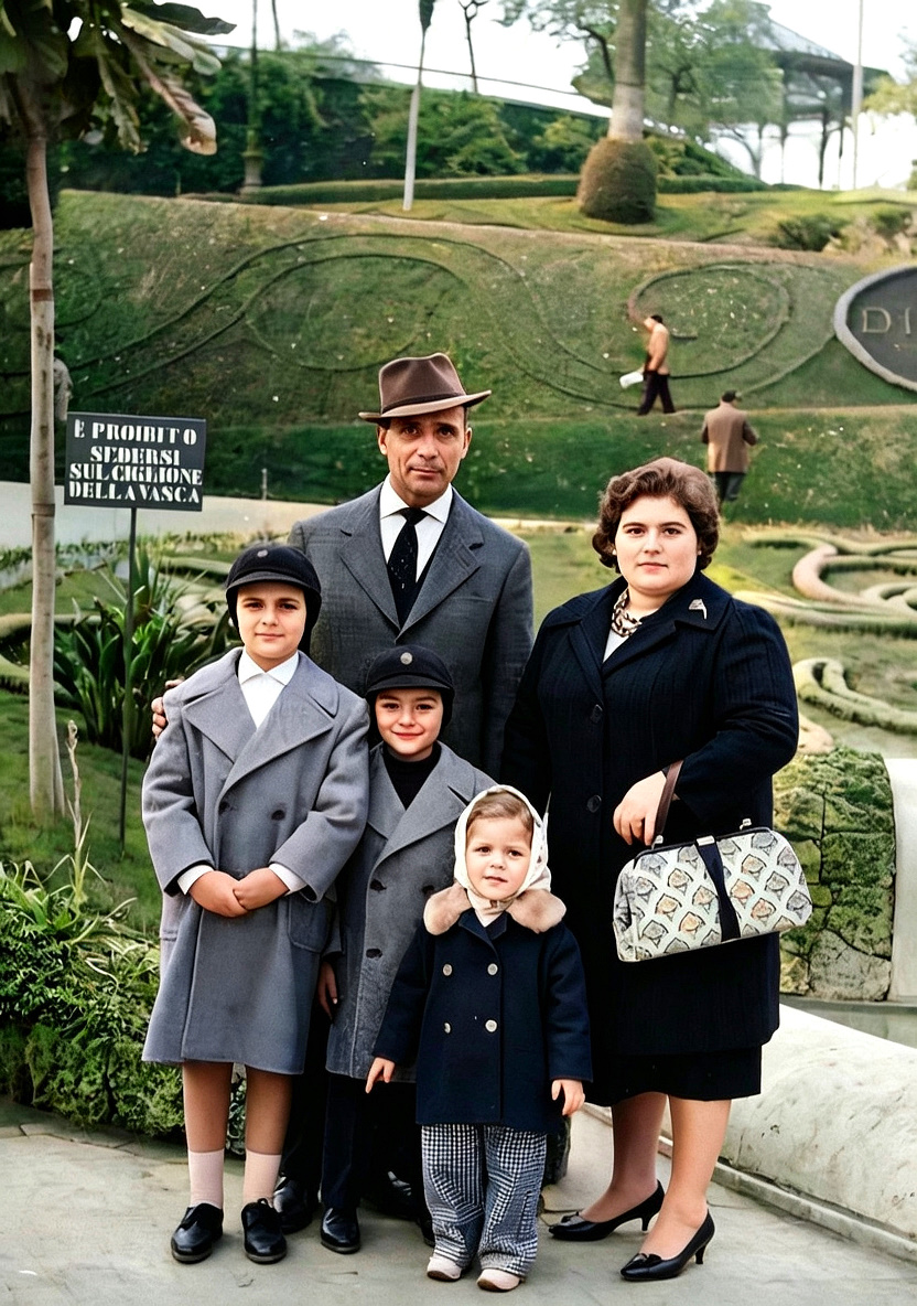 Dicembre 1962 - Catania - Villa Bellini: Roggio Giuseppe, Schiavone Elena, Roggio Dario, Roggio Paride e Roggio Linda. 