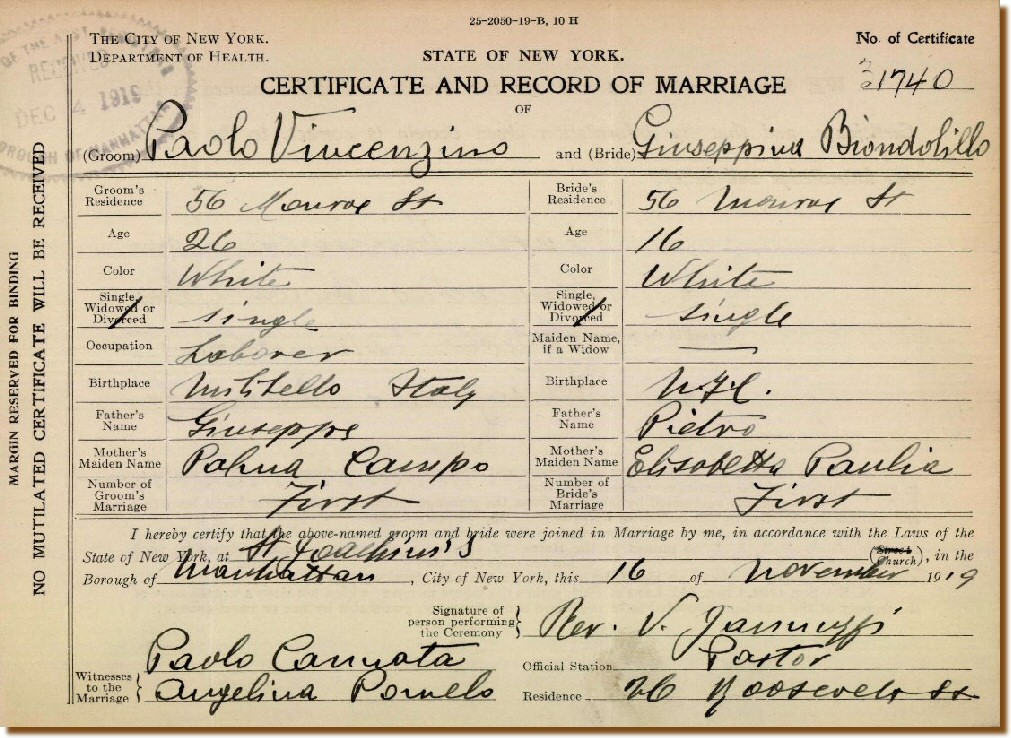 CERTIFICATO DI MATRIMONIO - VINCENZINO Paolo - BIONDOLILLO Giuseppina - 16 NOVEMBRE 1919  