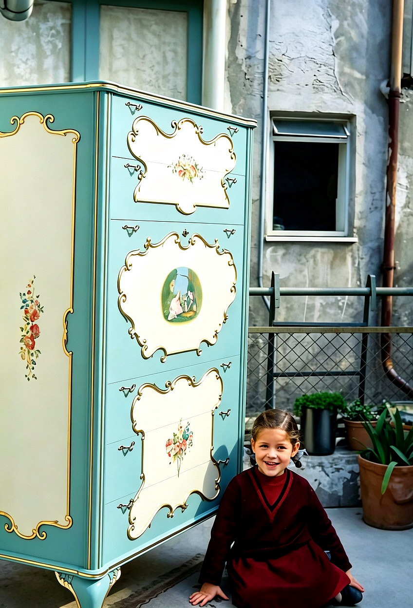 1965 - Catania - Via Ciraulo,8: Roggio Linda  ed il suo Mobile/letto realizzato da Roggio Giuseppe. 