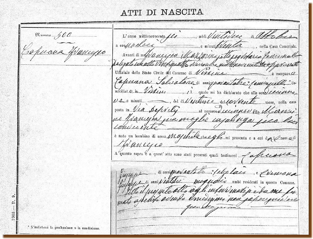  Atto di Nascita - CAPUANA Framcesco - 21 Ottobre 1906 
