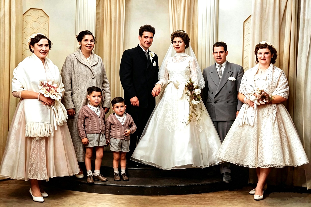 14 maggio 1959 - Scunthorpe (UK): Damigella 1, Gabriele Adele, Onofri Mario, Orlandini Rosetta, Orlandini Nen�, Damigella 2, Orlandini Giuseppe e Orlandini Federico. 