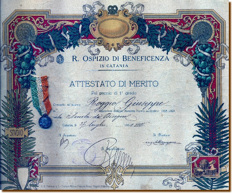 27 luglio 1930 Catania: Roggio Giuseppe - premio di 1° grado nella Scuola di Disegno.